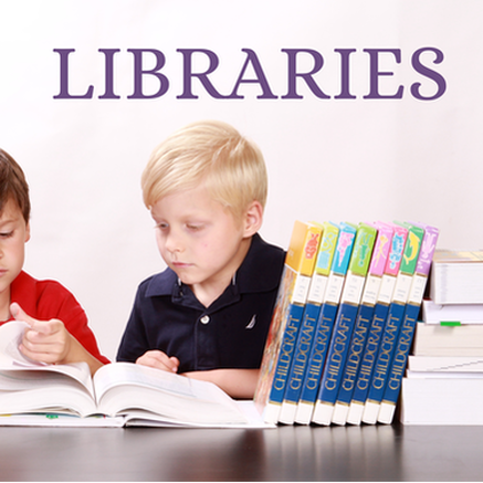 Picture of 2 boys looking at a book with books stacked to their right and the word libraries