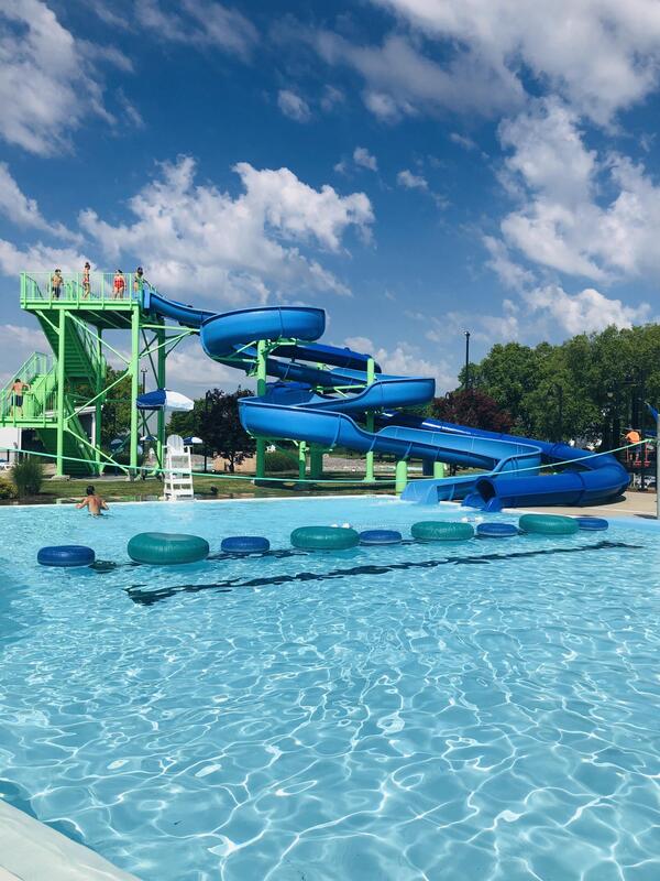 Pool with large blue slides and tubes in Collinsville, IL.