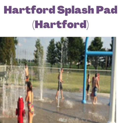 children playing in sprinklers at Hartford Splash Pad in Hartford, IL labeled in purple
