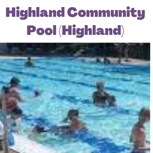 Traditional pool with children swimming labeled in purple Highland Public Pool in Highland, IL