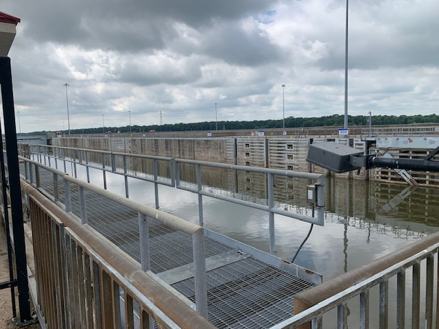 View of walkway on top of dam at Great Rivers Museum and Lock and Dam in Alton, IL