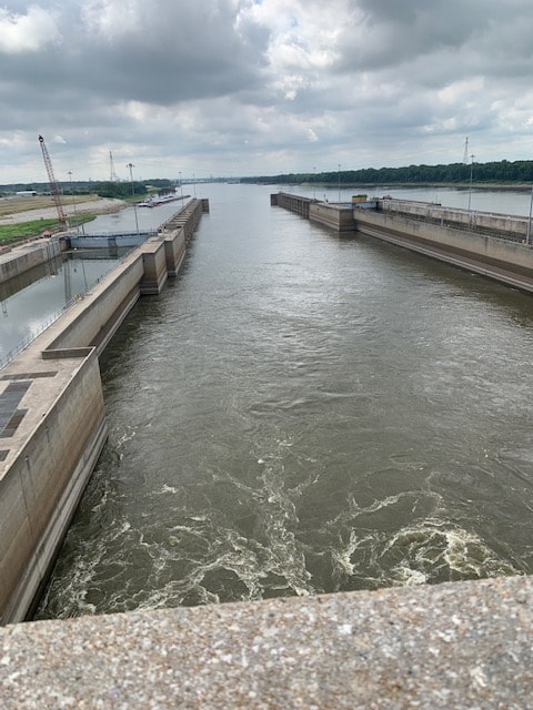 View down into dam at Great Rivers Museum and Lock and Dam in Alton, IL