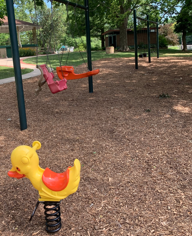 3 Traditional Swings, a toddler strap in swing, and a two person swing at LeClaire Park in Edwardsville IL. Parks in Edwardsville IL