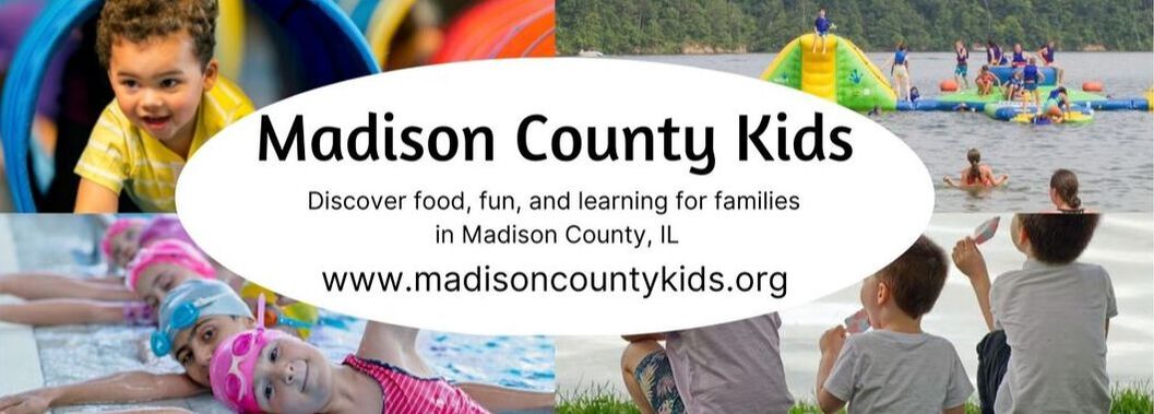 Picture of family with 2 adults and 4 kids and text that reads Madison County Kids Find Food Fun and Learning for Families in Madison County IL www.madisoncountykids.org.
