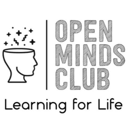 Picture of head with top open and stars and squiggles coming out of the head.  Bolded Open Minds Club, Learning for Life